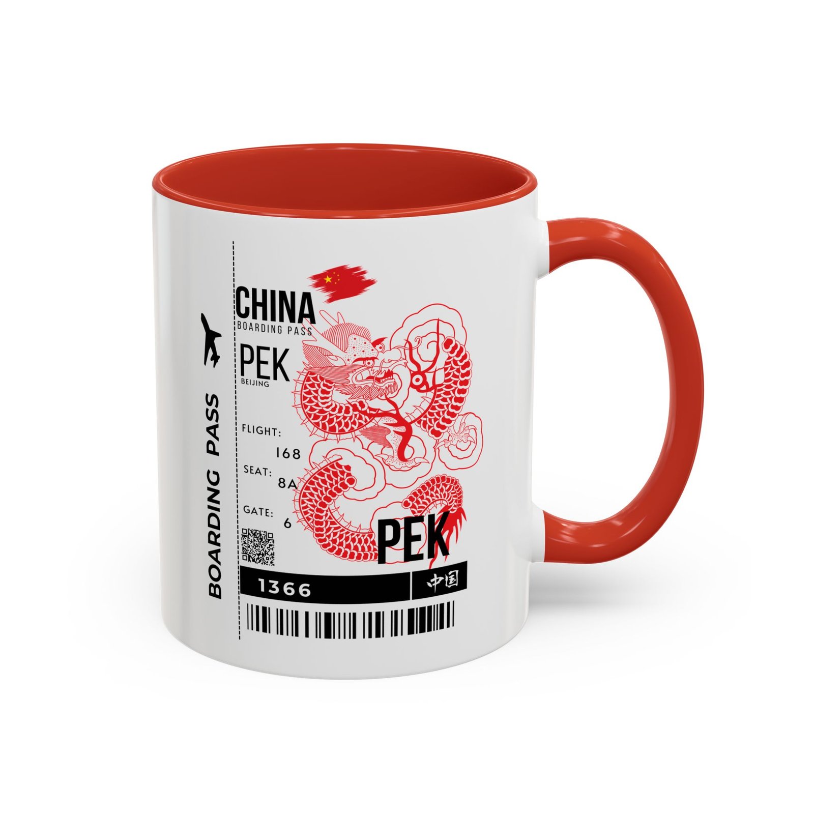 PEK China Boarding Pass Coffee Mug — Red Dragon Accent Travel Mug (11/15oz)